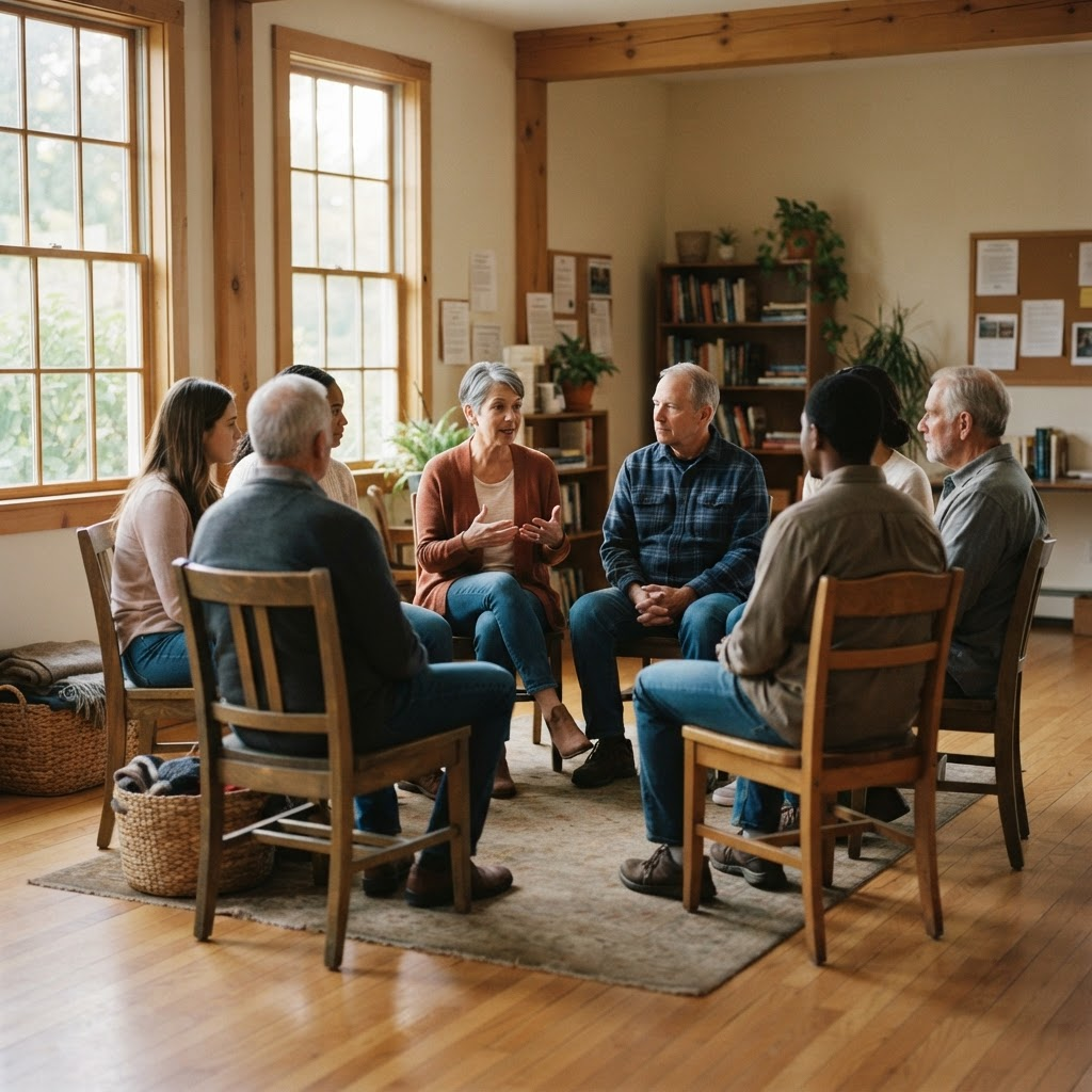 A small circle of chairs in a warm, welcoming community room with soft daylight.