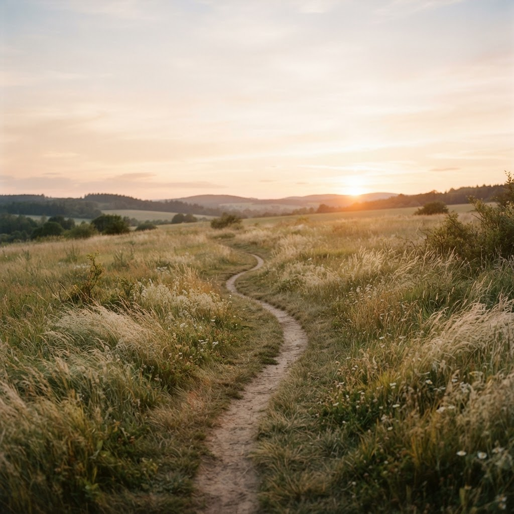 A gently winding footpath leading through soft meadow toward a warm horizon at golden hour.