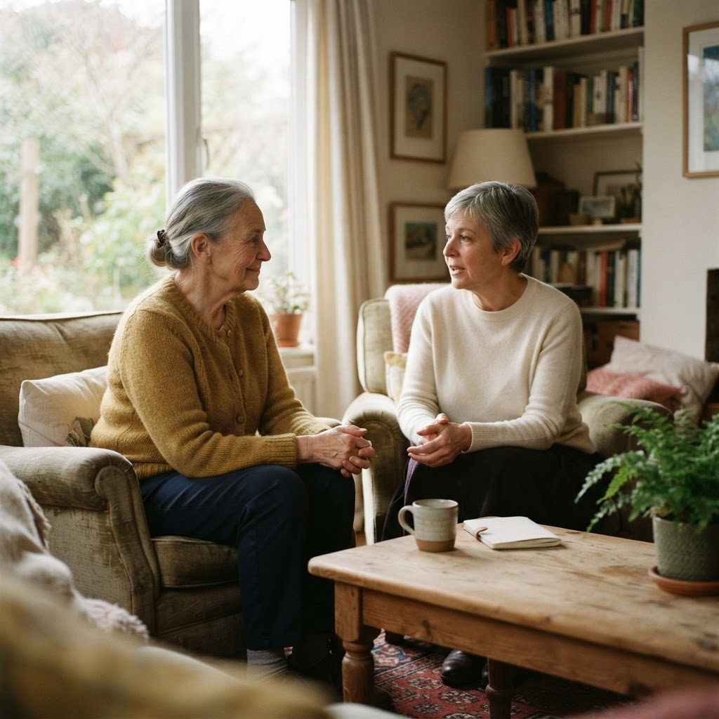 Two people sitting together in quiet, gentle conversation near a sunlit window.