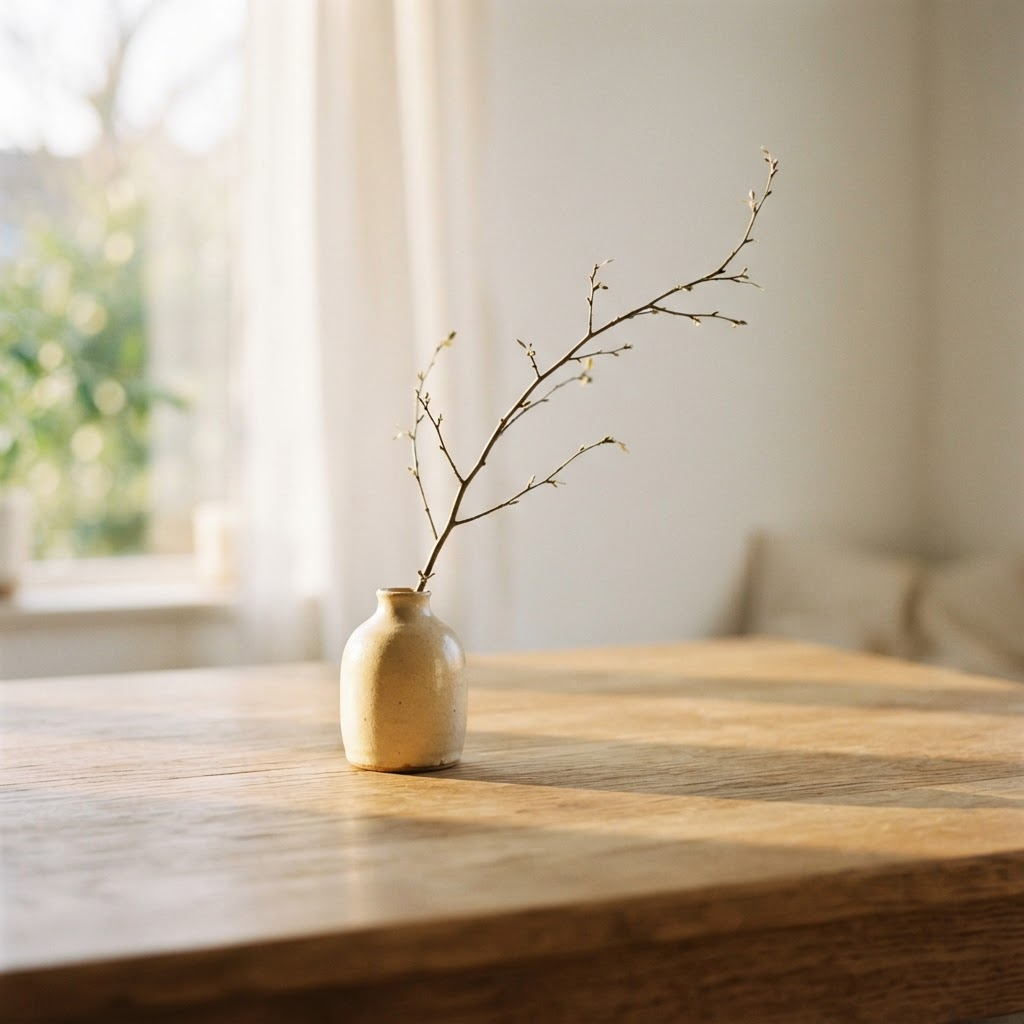 Soft morning light across a simple wooden table holding a delicate branch in a small vase.